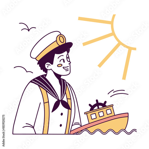 Cheerful sailor with a ship under the sun, isolated on a happy captain in uniform looks at the sea with birds flying around in the sky