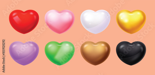 A diverse set of eight 3D glossy hearts in various colors including red, pink, white, gold, purple, green, brown, and black. Useful elements for design, UI, and color concepts for love or romance.