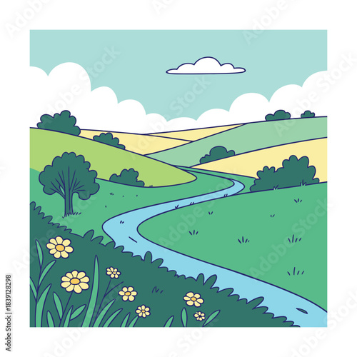 A picturesque landscape with a river flowing through green hills and fields, isolated on a tranquil scene of nature and rural beauty