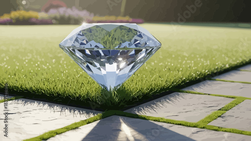 A sparkling diamond gemstone resting on lush green grass symbolizing luxury wealth and precious value perfect for advertising and design concepts