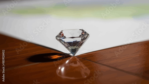 A single brilliant cut diamond gemstone casting a sharp shadow on a polished wooden surface representing luxury and value