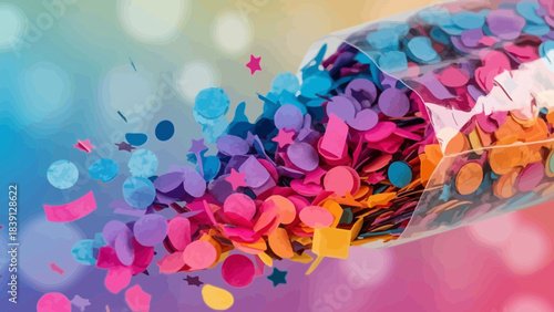 Burst of Celebration: A cascade of colorful confetti spills from a translucent container, creating a vibrant explosion of joy against a multi-hued backdrop.