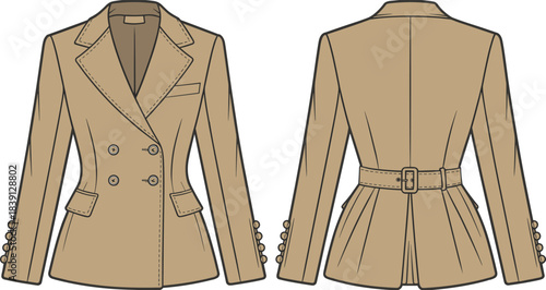 Double-breasted tailored blazer flat sketch with detailed front and back views, belt design, couture fashion template, apparel pattern CAD illustration