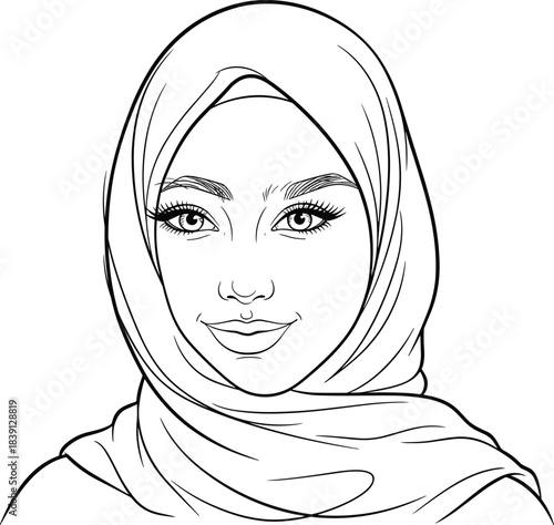 Elegant hijab woman portrait line art illustration, detailed female face drawing with headscarf, stylish vector artwork for fashion and beauty content, clean monochrome design
