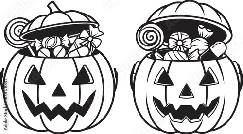 Two halloween pumpkin buckets filled with candy silhouette