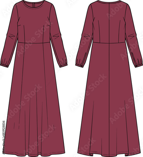 Elegant long sleeve maxi dress fashion template, modest outfit vector illustration with front and back technical sketch for apparel design presentation
