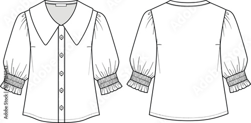 Elegant women’s blouse technical flat vector illustration, featuring front and back views with puff sleeves, button placket, and detailed garment construction