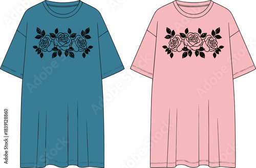 Floral printed oversized t-shirt fashion design, stylish rose pattern apparel illustration, trendy women clothing vector artwork, cad drawing flat vector illustration