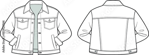 Denim jacket technical flat sketch vector, detailed front and back views showing pockets, seams, collar, buttons, stitching and garment construction design