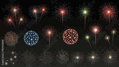 Celestial Spectacle: A vibrant assortment of fireworks bursts against a deep black canvas, each explosion a unique masterpiece of color and light. Capturing the magic of celebration