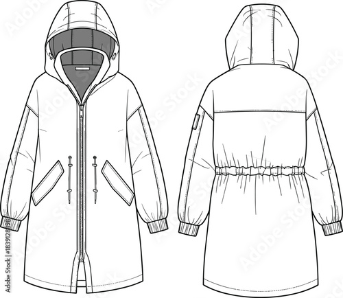 Hooded parka jacket technical flat sketch, detailed CAD garment drawing with pockets, zipper, elastic waist, cuffs, winter outerwear vector illustration