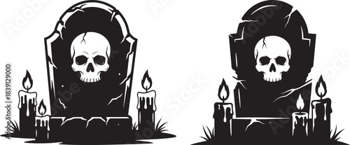 Two halloween tombstones with skulls and candles silhouette