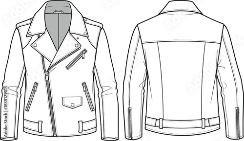 Mens biker leather jacket technical flat sketch with asymmetric zipper, snap collar, detailed pockets and belt design, fashion garment vector illustration