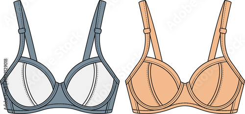 Modern lingerie bra fashion template, detailed underwire design, stylish apparel illustration, technical sewing lines, intimate wear sketch, cad drawing flat vector illustration