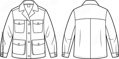 Military style jacket vector, technical fashion flat sketch, outerwear garment design template, detailed front and back view illustration