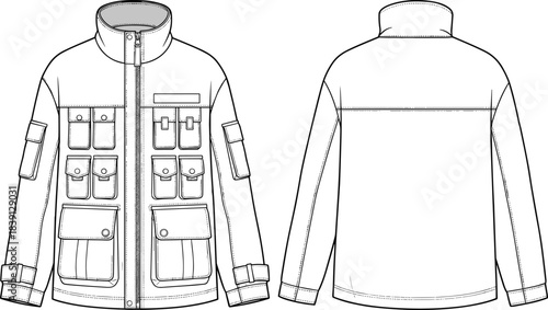 Multi pocket utility jacket technical flat sketch, detailed cad drawing with front pockets, sleeve pockets, fashion garment outerwear vector illustration