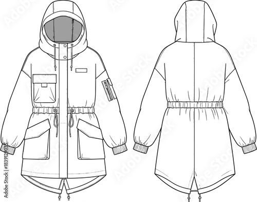 Oversized hooded parka jacket technical flat sketch with drawstring waist, cargo pockets, long silhouette, winter outerwear design, detailed fashion cad illustrationOversized 