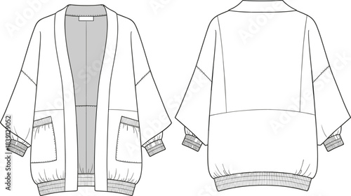 Oversized kimono cardigan technical flat sketch with ribbed cuffs, patch pockets, relaxed silhouette, stylish fashion garment design template for vector illustration