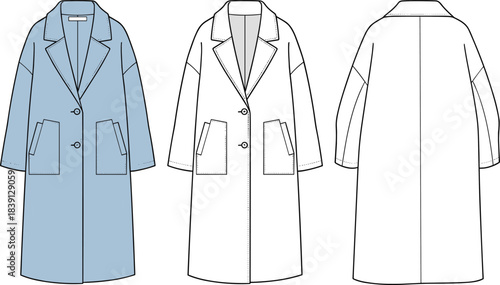Oversized women’s coat technical flat sketch with detailed front and back views, showing lapel collar, pockets, seams, loose silhouette, modern vector illustration