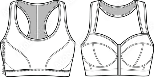 Professional sports bra technical flat sketch showing detailed front and back construction for activewear fashion design, apparel pattern, CAD vector illustration