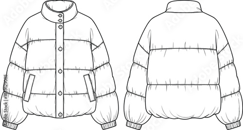 Puffer jacket technical flat sketch with high collar button front design showing front and back view winter outerwear template, cad drawing flat vector illustration