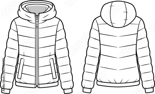 Puffer jacket technical flat sketch vector, detailed front and back winter outerwear design with hood, zipper, padding lines and fashion illustration