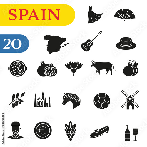 A set of stylish Doodle icons dedicated to Spain, covering culture, architecture, and cuisine.
