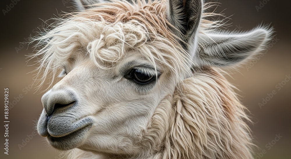 Naklejka premium Close up portrait of a fluffy white alpaca with a shaggy mane and curious eyes.