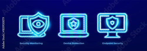 Blue Digital Neon Line Icon Logo Set of Cyber Security. Secure Shield, Trusted Guarantee Protection, Computer Verified Security, Digital Secure System Logos Emblem Collection. Vector Illustration
