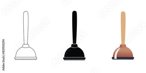 Three Toilet Plunger icons outline, silhouette, and color illustration