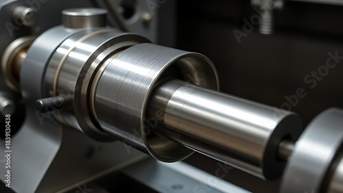 Naklejka mandrel. A conical metal lathe mandrel rotating with an unfinished tube sleeve fitted over it. safety posters, maintenance manuals, designed for precision metalworking and fabrication facilities.