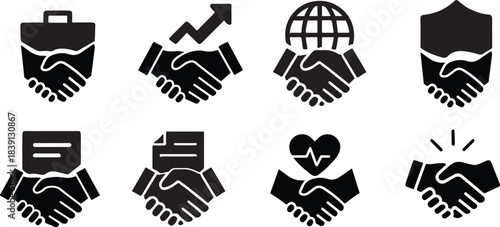 Black vector handshake icon set illustrating diverse business partnership agreement concepts like growth and security