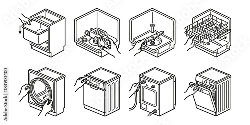 Dishwasher installation and home appliance maintenance line icons set
