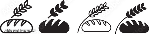 Simple black and white vector icons featuring various bread loaves with wheat ears and stalks design elements