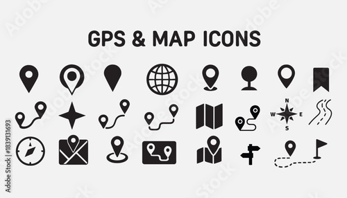 Modern minimalist black GPS and map navigation icons set for digital user interface design elements and travel applications