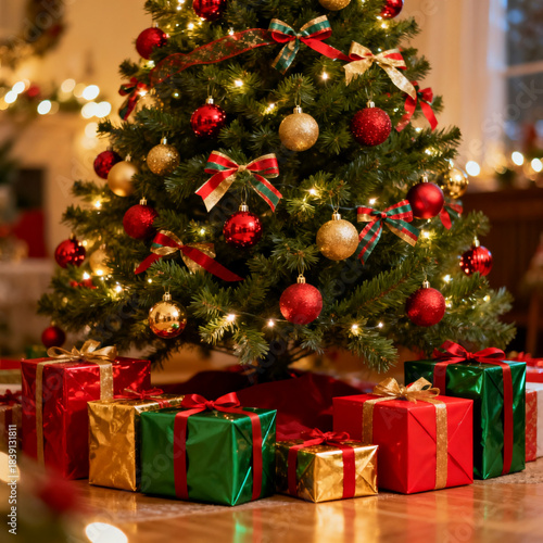Christmas tree with gifts, decorations, baubles, and presents.