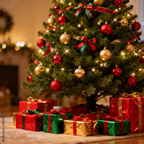 Christmas tree with gifts, decorations, baubles, and presents.