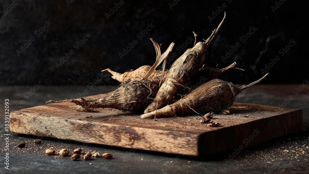 Fototapeta premium Dried root vegetables stacked on a rustic wooden cutting board. Concept Rustic Food Photography, Dried Root Vegetables, Wooden Cutting Board, Harvest Still Life, Pantry Decor