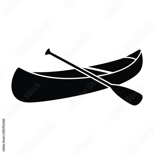 Black silhouette of a canoe and paddle on a white background