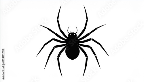 Black spider silhouette with eight legs in bold symmetrical pose, simple arachnid vector icon on white background.