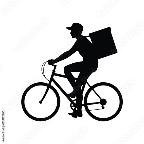 Silhouette of a delivery person riding a bicycle with a large package