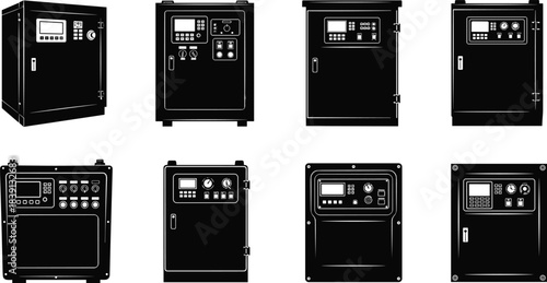 Industrial control panel silhouettes, electrical enclosures, switchboard layouts, monitoring interfaces, automation systems, flat vector