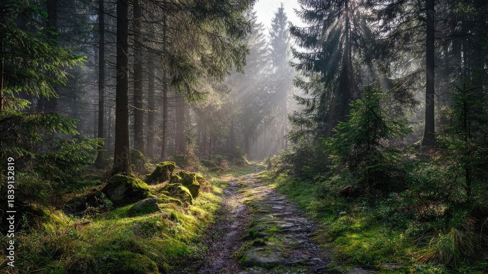 Obraz premium Mossy stone path winding through a sunlit evergreen forest. Concept Mossy Path, Sunlit Forest, Evergreen Woods, Nature Walk, Dappled Light