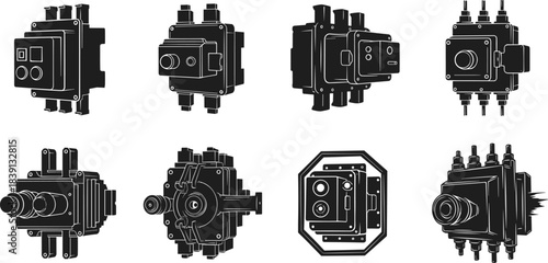 Electrical junction boxes, industrial control panels, switch enclosures, wiring protection units, connector layouts, flat vector