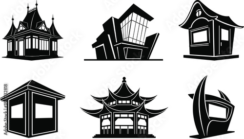Architectural building silhouettes, cultural structures, fantasy houses, modern kiosks, pagodas, futuristic designs, flat vector