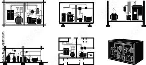 Industrial electrical enclosures, mechanical system schematics, power distribution units, control panel layouts, flat vector