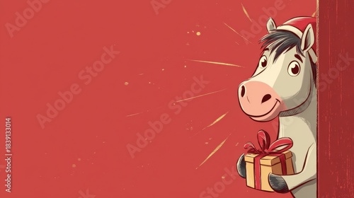 A cartoon funny horse in a Santa hat with a gift peeks out from around the corner, on a red background with space for text