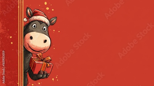 A cartoon funny horse in a Santa hat with a gift peeks out from around the corner, on a red background with space for text