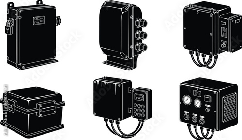 Industrial electrical enclosure silhouettes, control boxes, cable glands, gauges, connectors, keypad panels, sealed units, flat vector