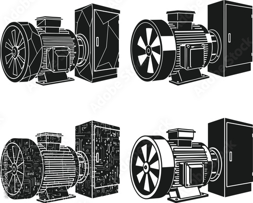 Electric motor silhouettes, control panel units, cooling fins, fan blades, industrial enclosures, mechanical systems, flat vector